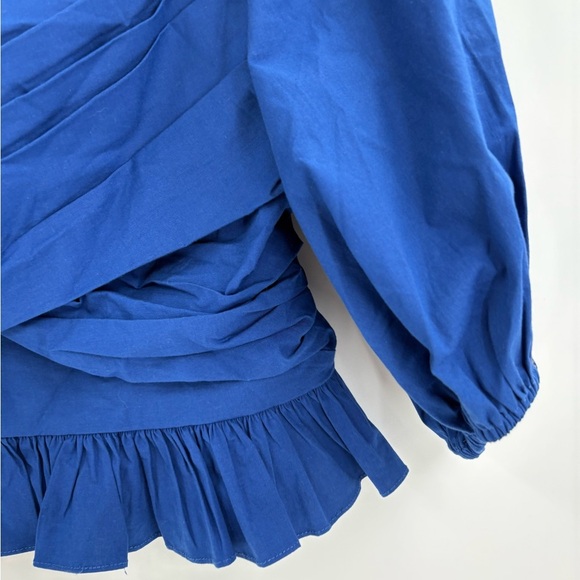Express Blue Puff Sleeve Peplum Blouse Smocked Ruffle Hem Draped Front Top large - Picture 3 of 13